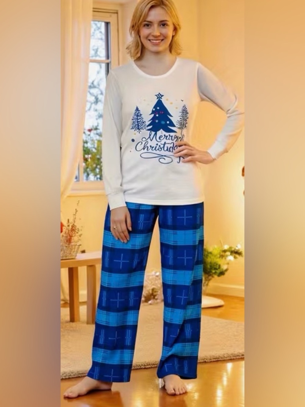 NWOT Merry Christmas Blue Plaid Pajama Set